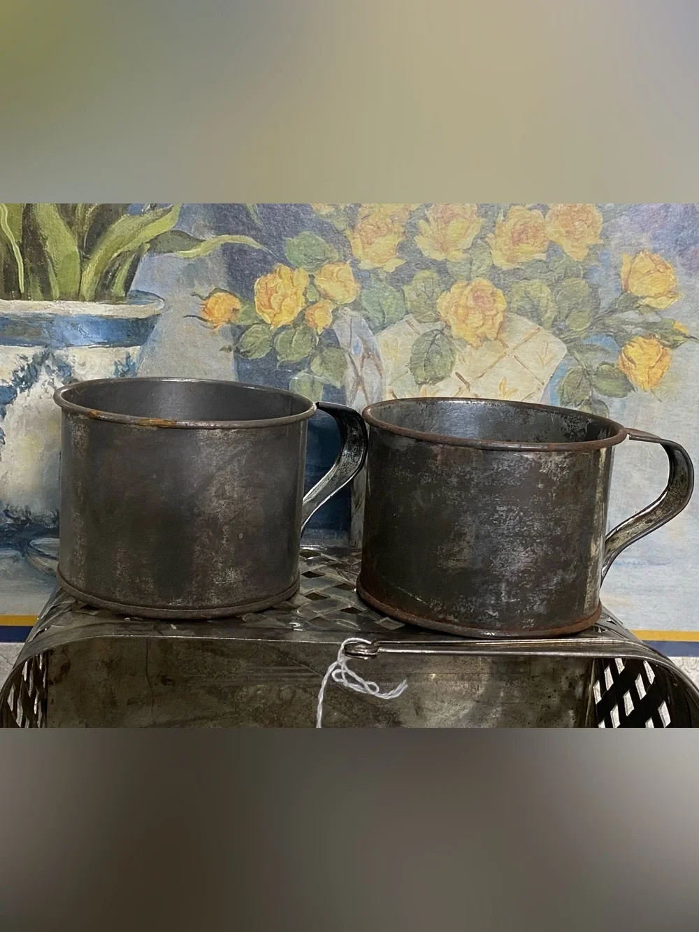 Vintage Silver Plated Metal Woven Basket W/ Handle and Mugs.
